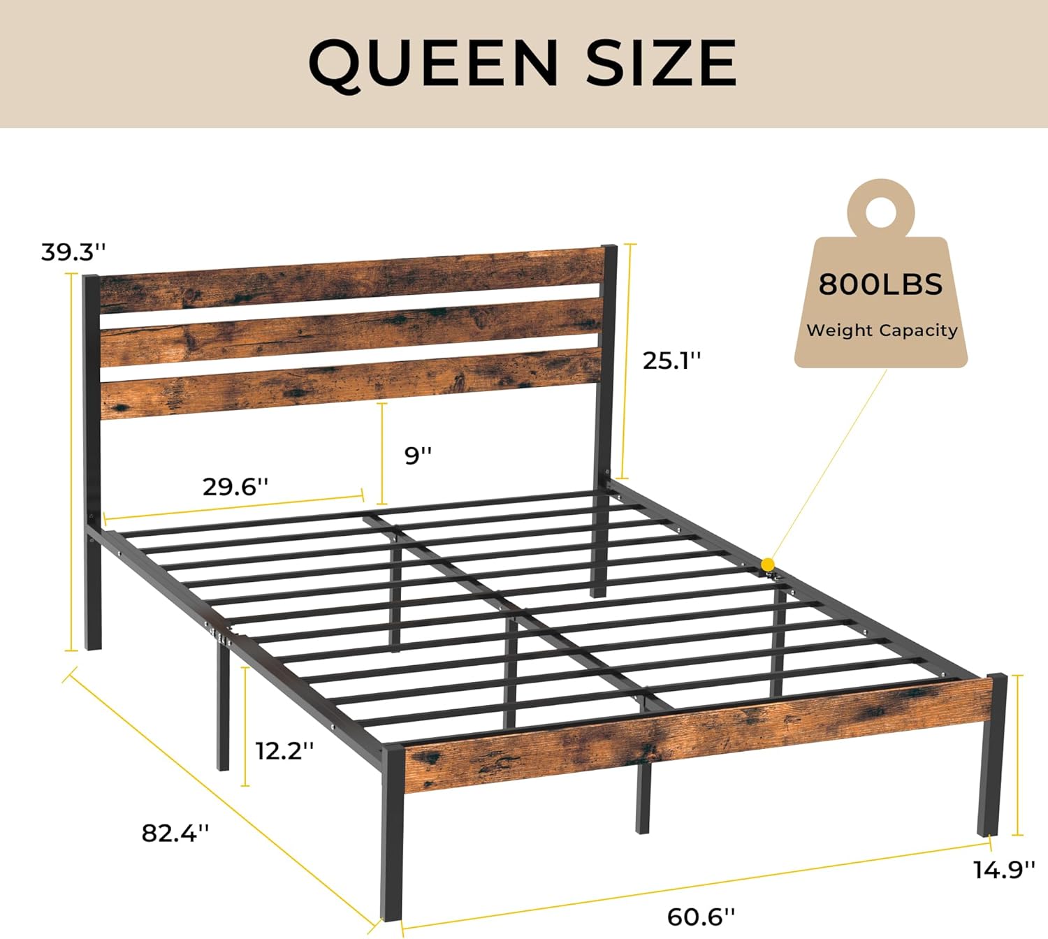 Diagram showing the dimensions of the Queen bed frame and its components, including headboard, footboard, side rails, and support slats. It also indicates an 800 lbs weight capacity.