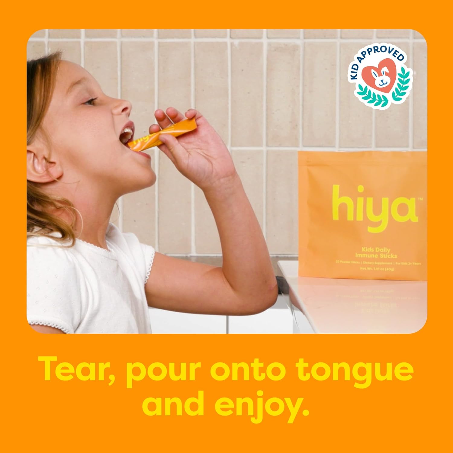 Hiya Kids Immune Support – Vitamin C, Elderberry & Beta Glucans for Ages 2+, Delicious Orange Flavor, 0g Sugar – 20 Stick Packs for Toddlers & Kids - Image 3