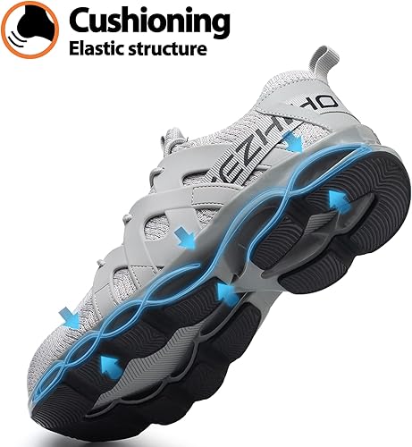 Miniatura 3 de Kezhiho Tenis de trabajo con punta de acero para hombre y mujer, amarillos, ligeros, transpirables, antideslizantes, construcción indestructible,