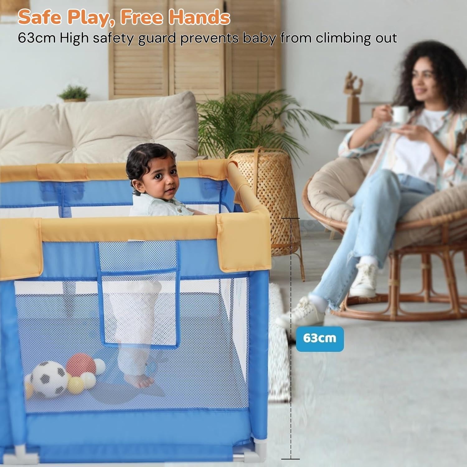 Dawnwake 120 x 120 cm Small Playpen for Baby 6M-3Y, Baby Playard with Anti-Fall Grasp Rings & Safety Lock ((No Mat/No Ball, Non-Foldable)-Blue 4