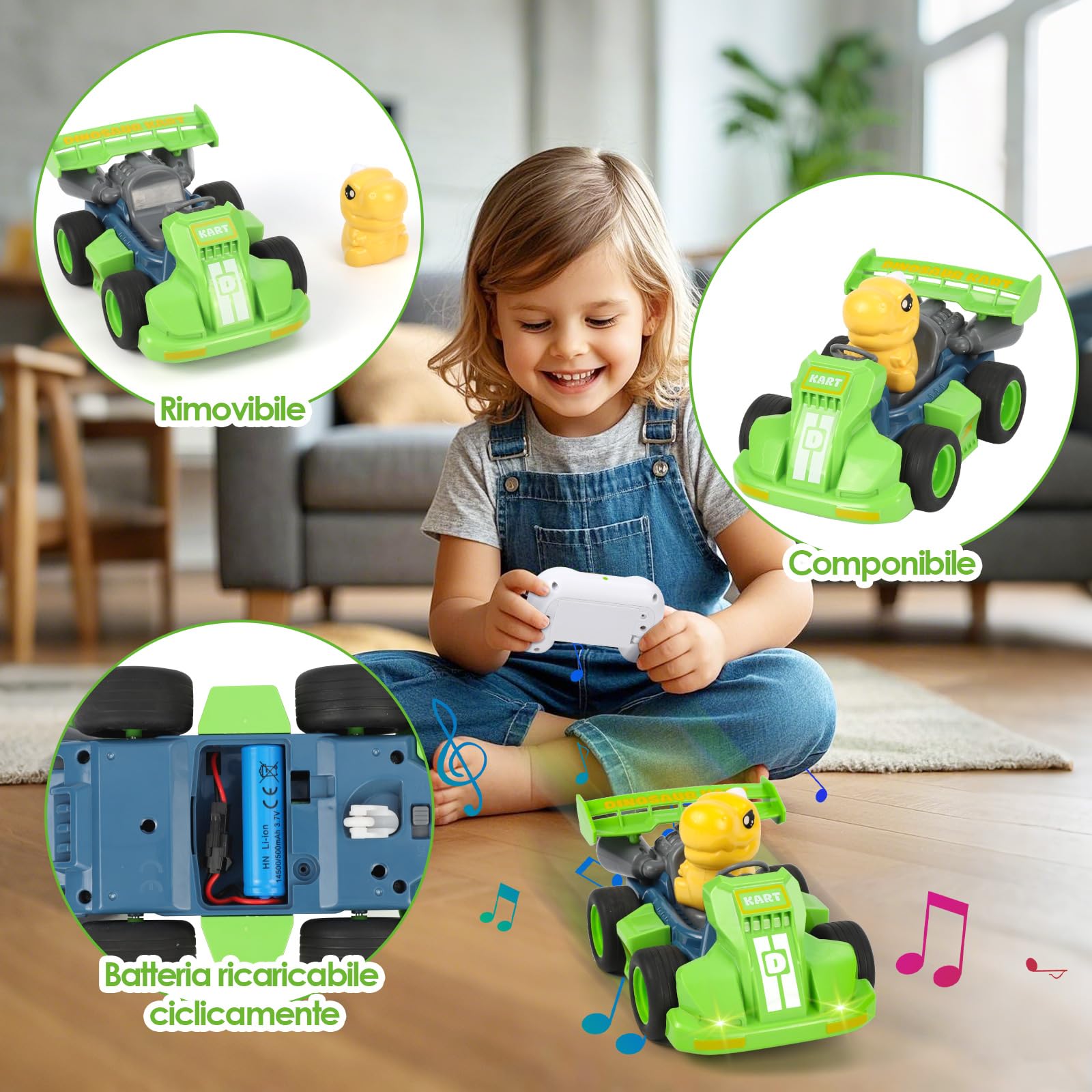 Gaethra Macchina Telecomandata Per Bambini, Auto dei Dinosauri Cartoni Animati per Bambini con Musica e Giocattolo Luminoso, Macchina Radiocomandata Sì 2 3 4 5 6 7 8 anni Regalo per Ragazzi e Ragazze