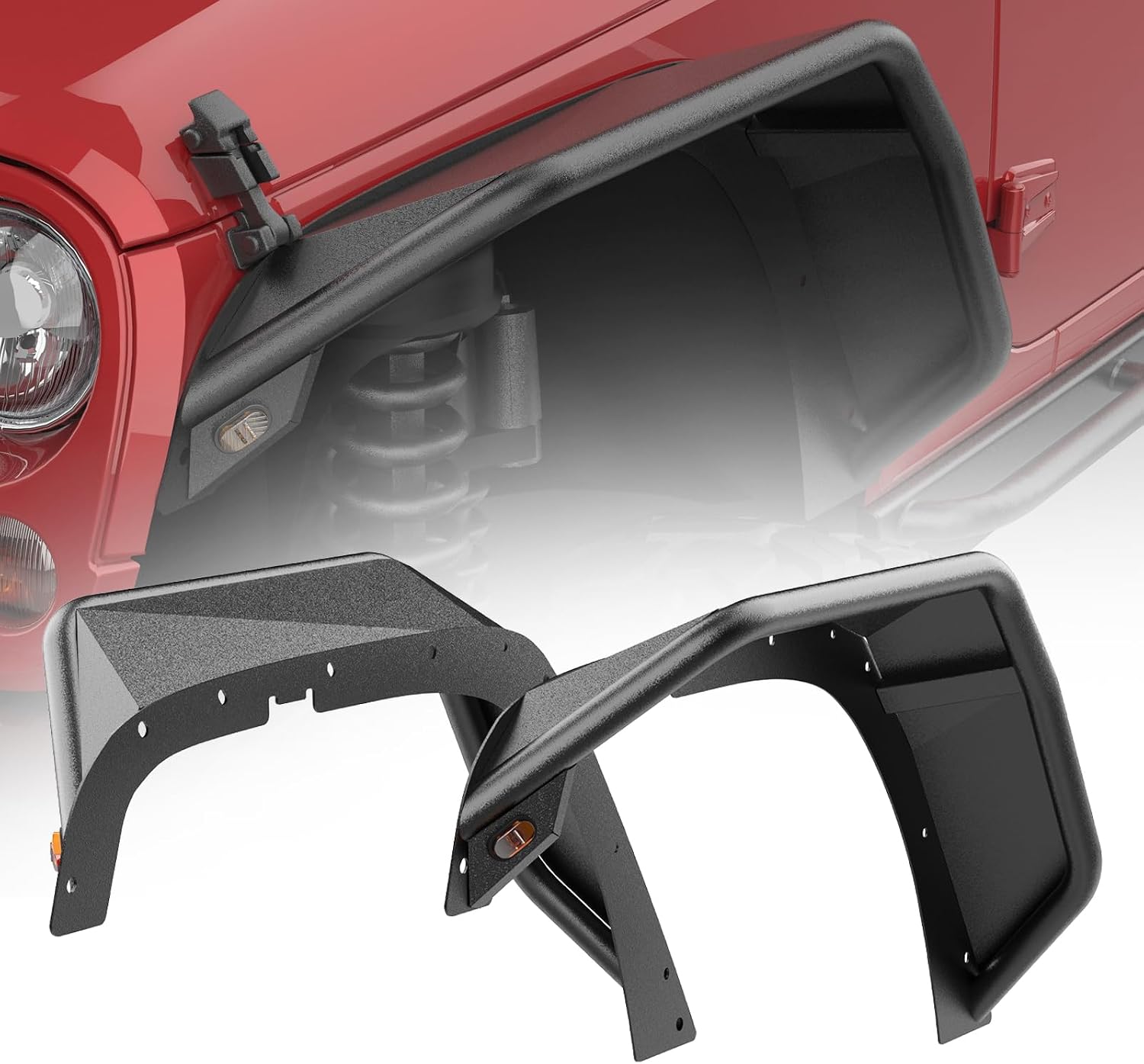 for JK JKU Tubular Front & Rear Fender Flares Compatible with 2007-2018 Wrangler JK JKU Unlimited 2/4 Doors,4 PCS Heavy Duty Solid Steel Off-Road Liner Set(Textured Black)