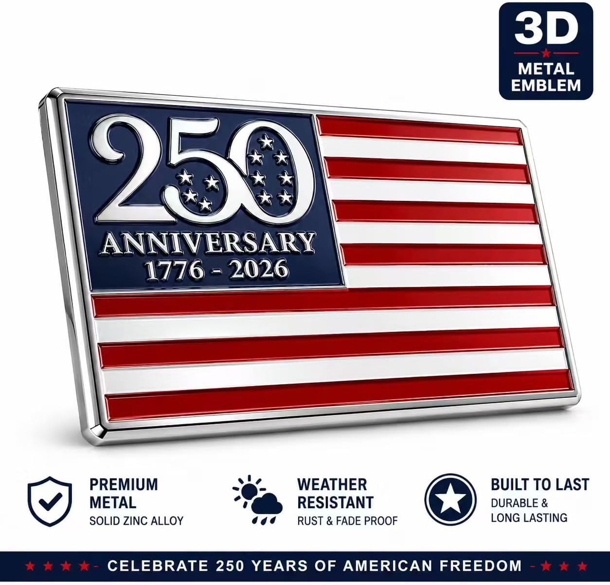 250th Anniversary Metal Flag Emblem – 250 Anniversary USA Merchandise | Metal American Flag Car Emblem, Weatherproof 3D Patriotic Badge 1776-2026 for Trucks SUV RV Garage Decor, Veteran Dad Gift (2pc)