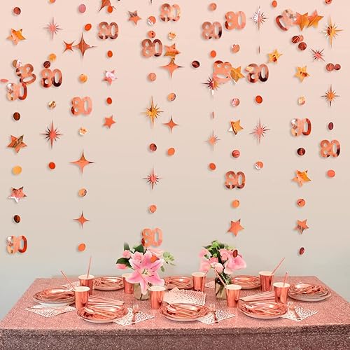 Miniatura 4 de Decoraciones de cumpleaños número 80 de oro rosa con lunares circulares y estrellas parpadeantes guirnalda metálica para colgar en banderines para