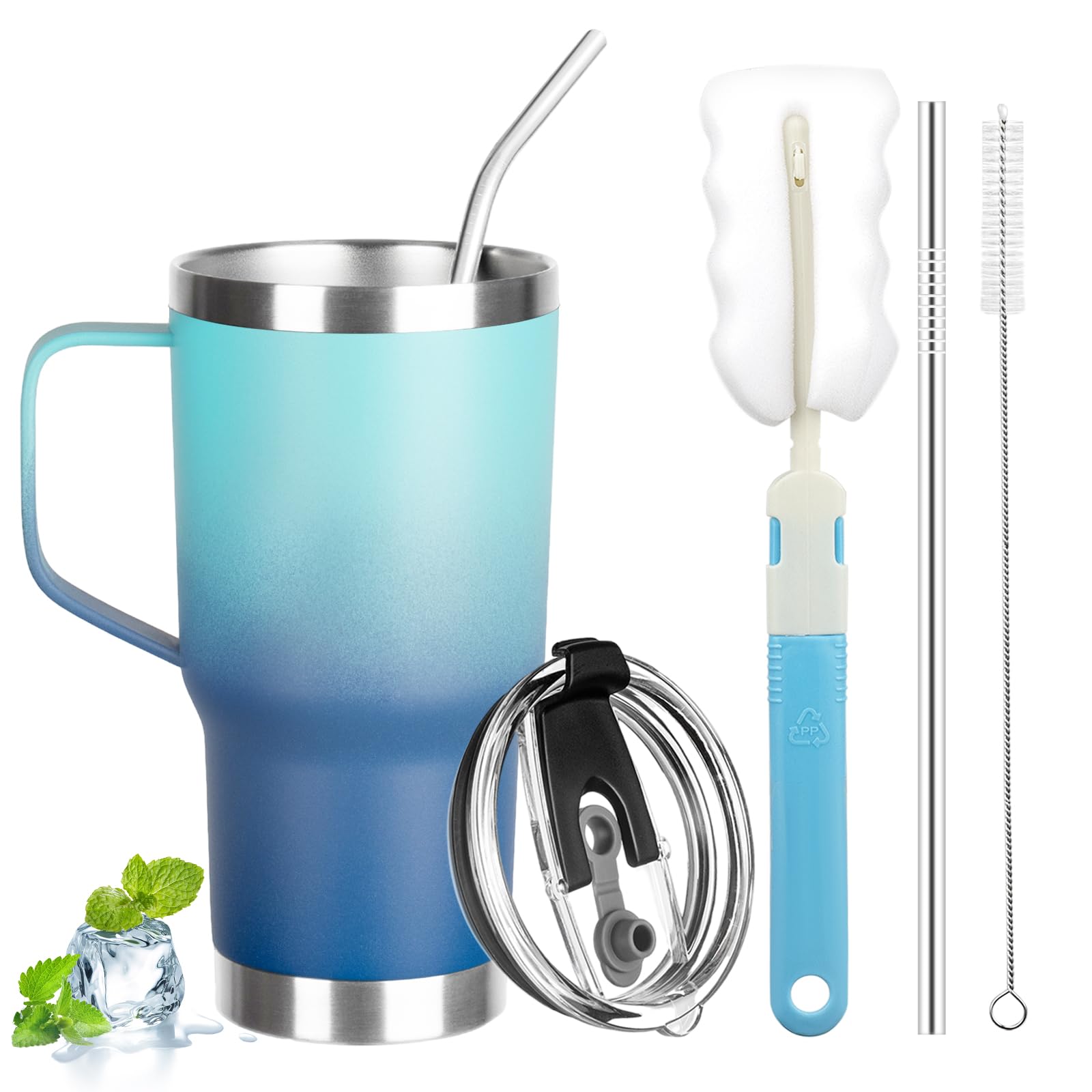 20 oz Tumbler with Handle, Stainless Steel Insulated Tumbler with Lid and Straw, Double Wall Vacuum Coffee Mug Tumbler,Insulated Coffee Thermal Cup for Cold and Hot(Light Dark Blue)