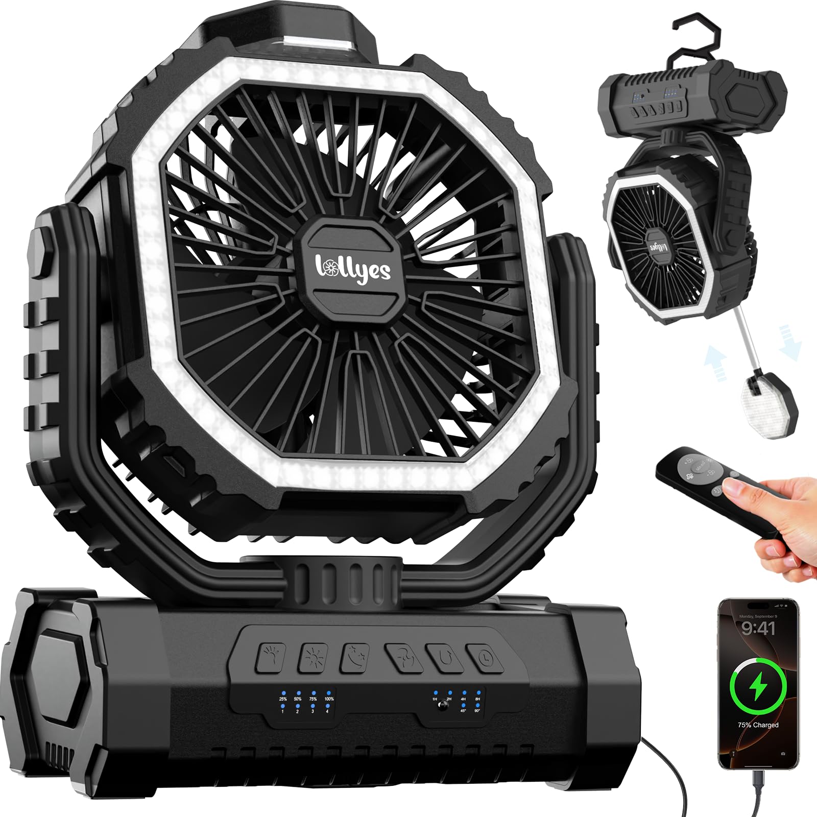 Outdoor Camping Fan with Light, 20000mAh Battery Powered, Black