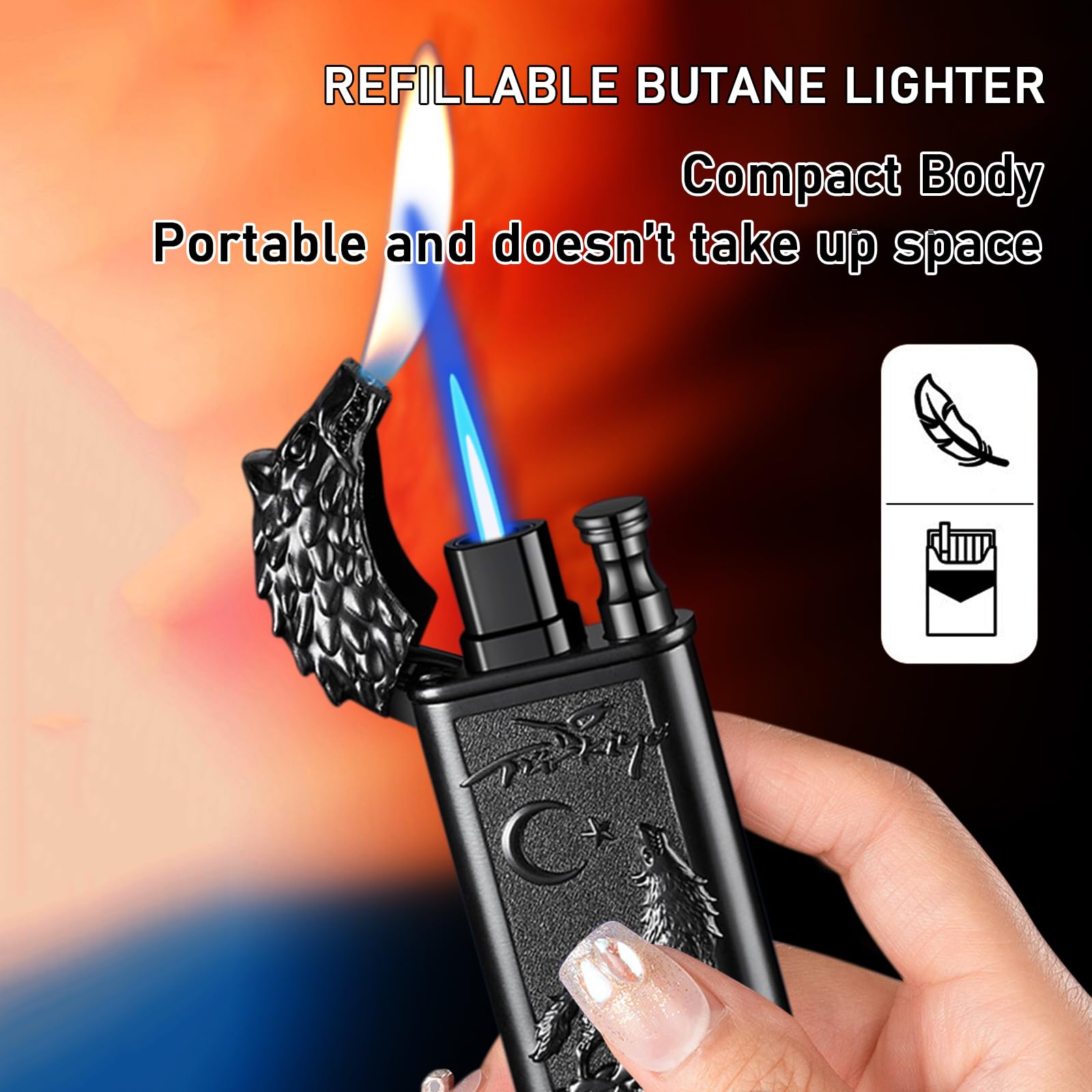 Briquet double flamme coupe-vent réglable au butane rechargeable pour bougies, barbecue, cuisine, camping (sans butane)