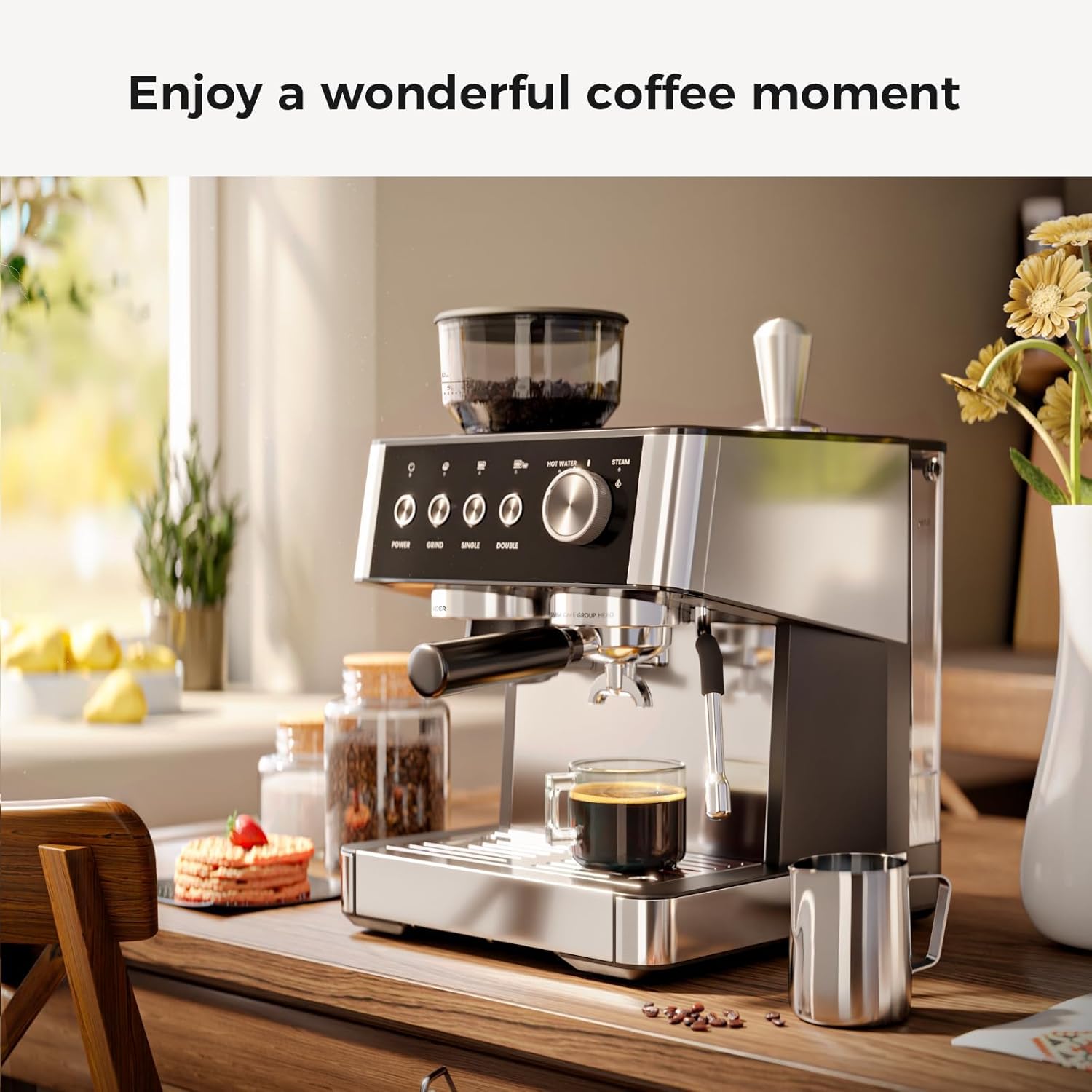 Kismile Espresso Machines with Grinder, 20 Bar Professional Espresso Maker with Removable Water Tank, Hot Water Function,Milk Frother Steam Wand for Latte&Cappuccino(Black)