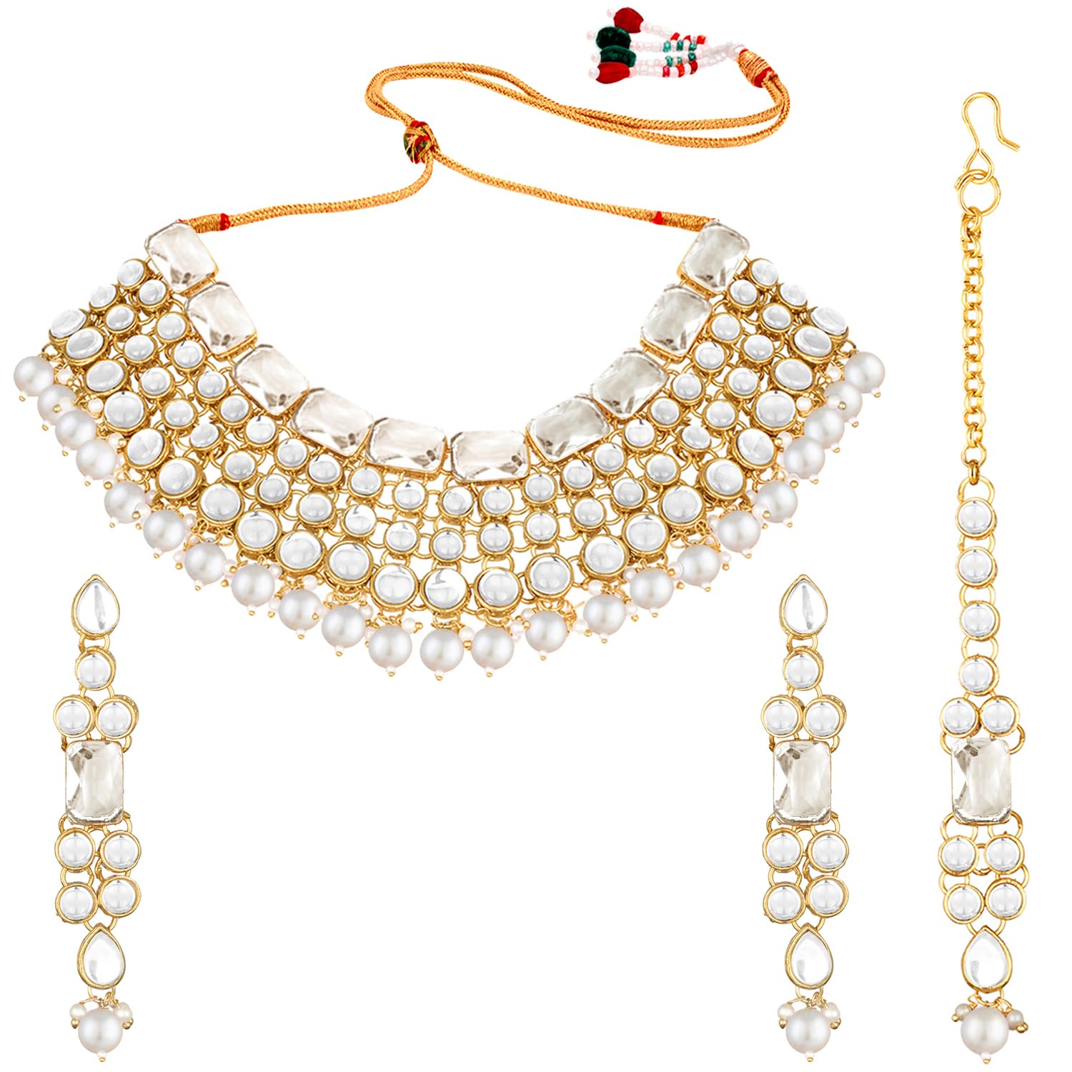 Peora Gold Plated Crystal Choker Necklace with Maang Tikka Earrings Jewellery Set for Women (White) (B0999N55T9) Amazon Price History, Amazon Price Tracker