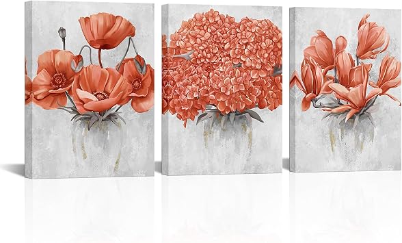 Visual Art Decor Flower Wall Art Bedroom Wall Decor Floral Decor Art Print Bathroom Living Dining Room Kitchen Pictures, Framed 12inx16inx3Pieces Burnt Orange