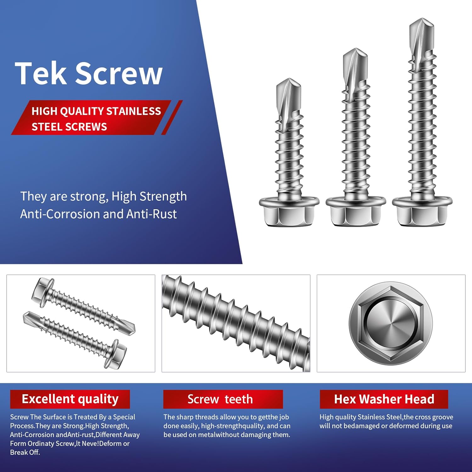 #8 x 1/2" Sheet Metal Screws 100PCS 410 Stainless Steel Hex Washer Head Fast Self Tapping Screws