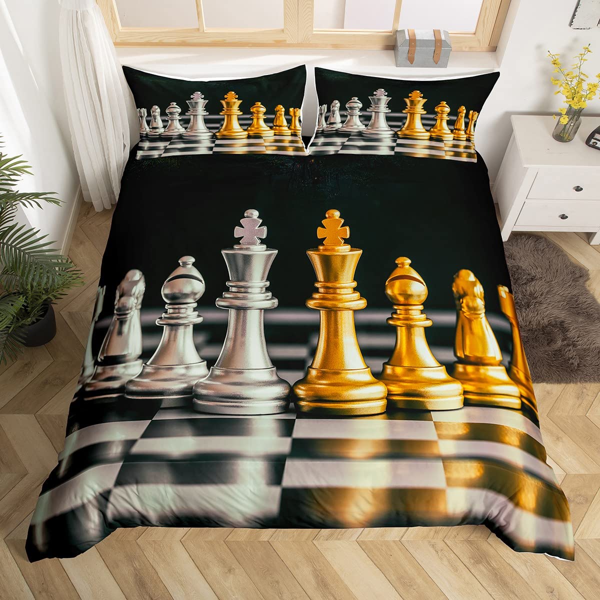 Homemissing Girls Multicolored 13214 Golden And Silver International Chess Bedding Set For Boys Board Game Comforter Cover King And Knight Duvet Cover Geometric Checkerboard Bedspread Cover Single Size Decor 2Pcs