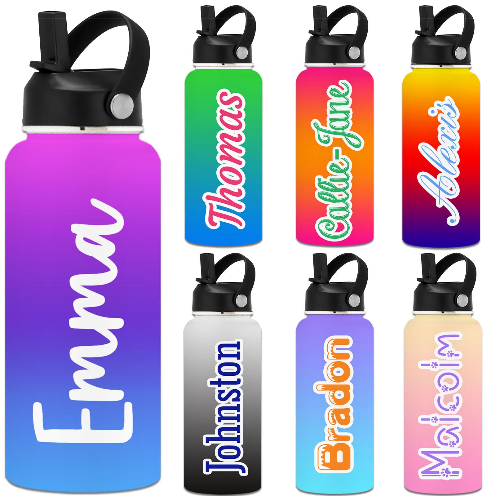 Uoffice5 Personalised Water Bottles for Kids with Straw Lid Custom Insulated Water Bottle Customised Engraved Name Stainless Steel Bottle Gift for School Sport Gym 24/12/40/18/32 oz