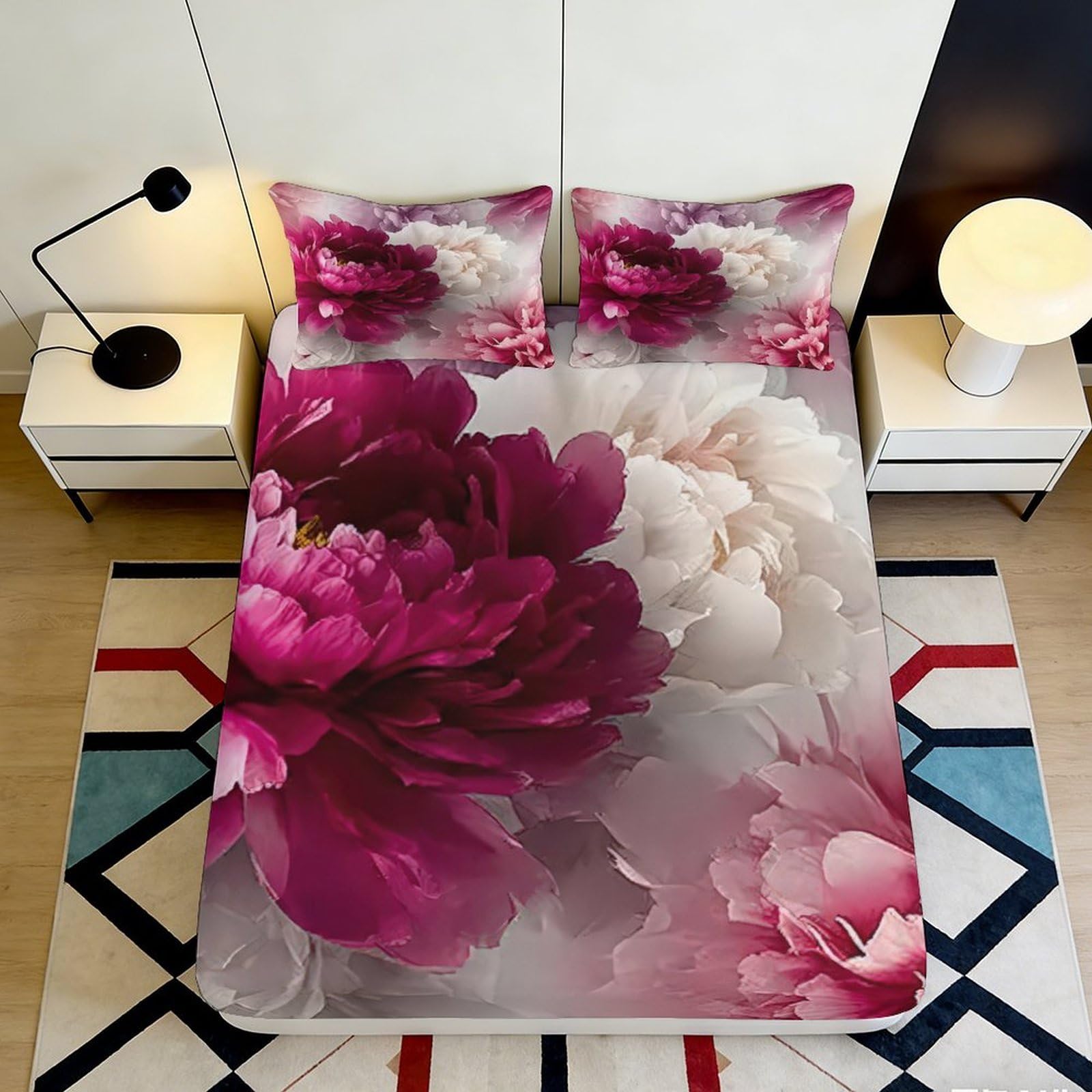3D Printed Peony Blossom Fitted Sheet Microfiber Soft Pink Floral Mattress Cover Bedroom Decor Dustproof Washable 90x200x25cm