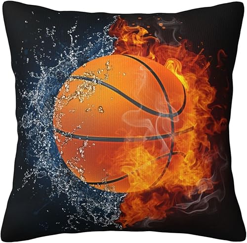 Snapmade Fundas de almohada de baloncesto de 18 x 18 pulgadas para habitación de niños y niñas estilo deportivo fresco con fondo de fuego y agua