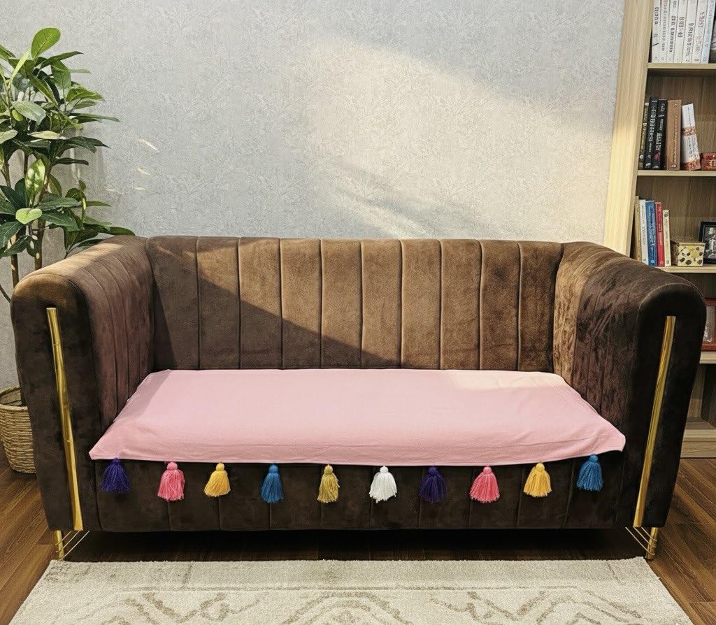 Premium Cotton Sofa Cover Set with Colourful Tassels, 3-Seater Pink and Black (1, L-72inc B-27inc)-image-44