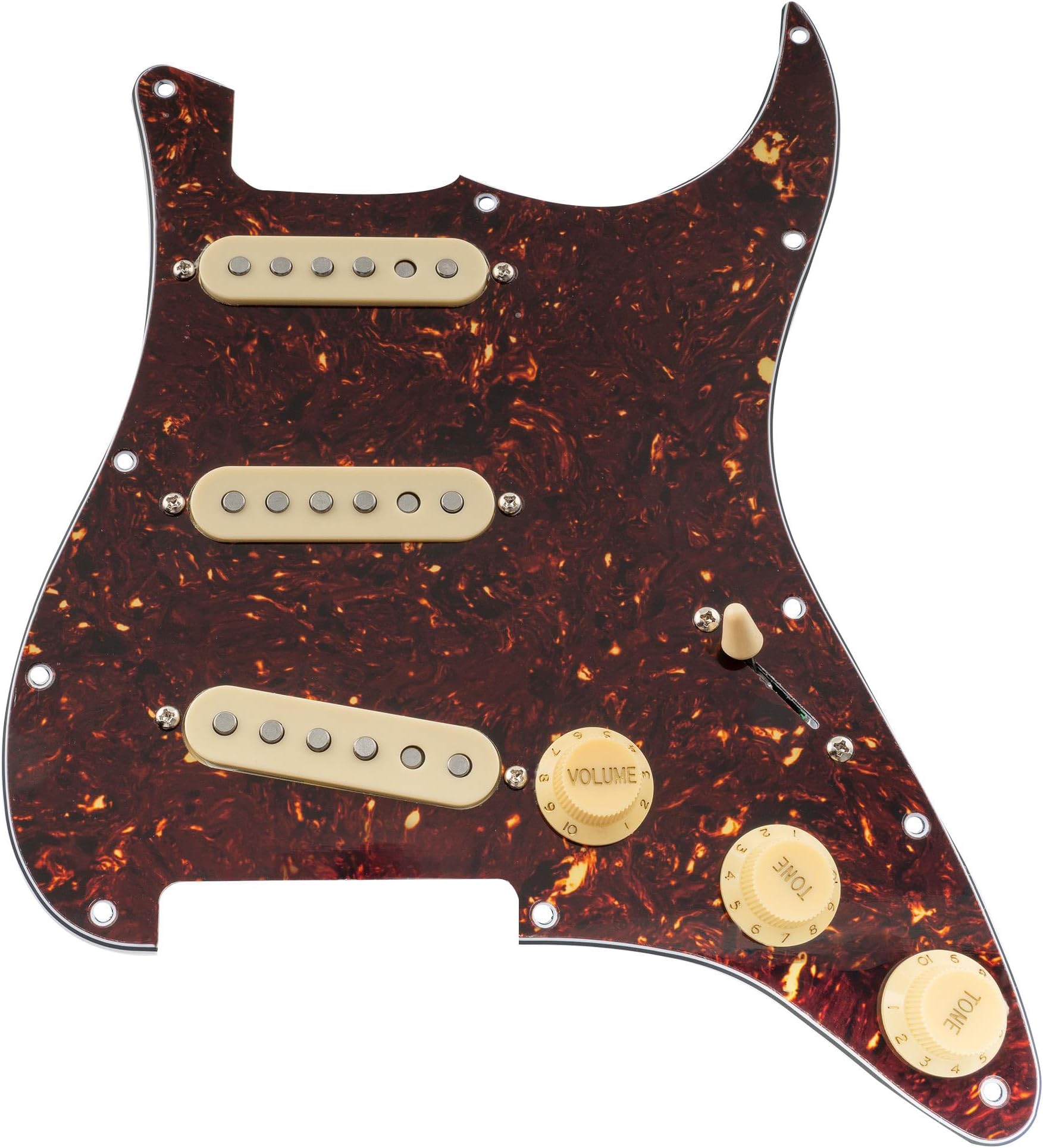 Musiclily Pro SE Pre-wired Standard SSS Pickguard with Staggered Alnico 5 Magnet Single Coil Pickups for ST Style Electric Guitar, 4ply Tortoise Shell