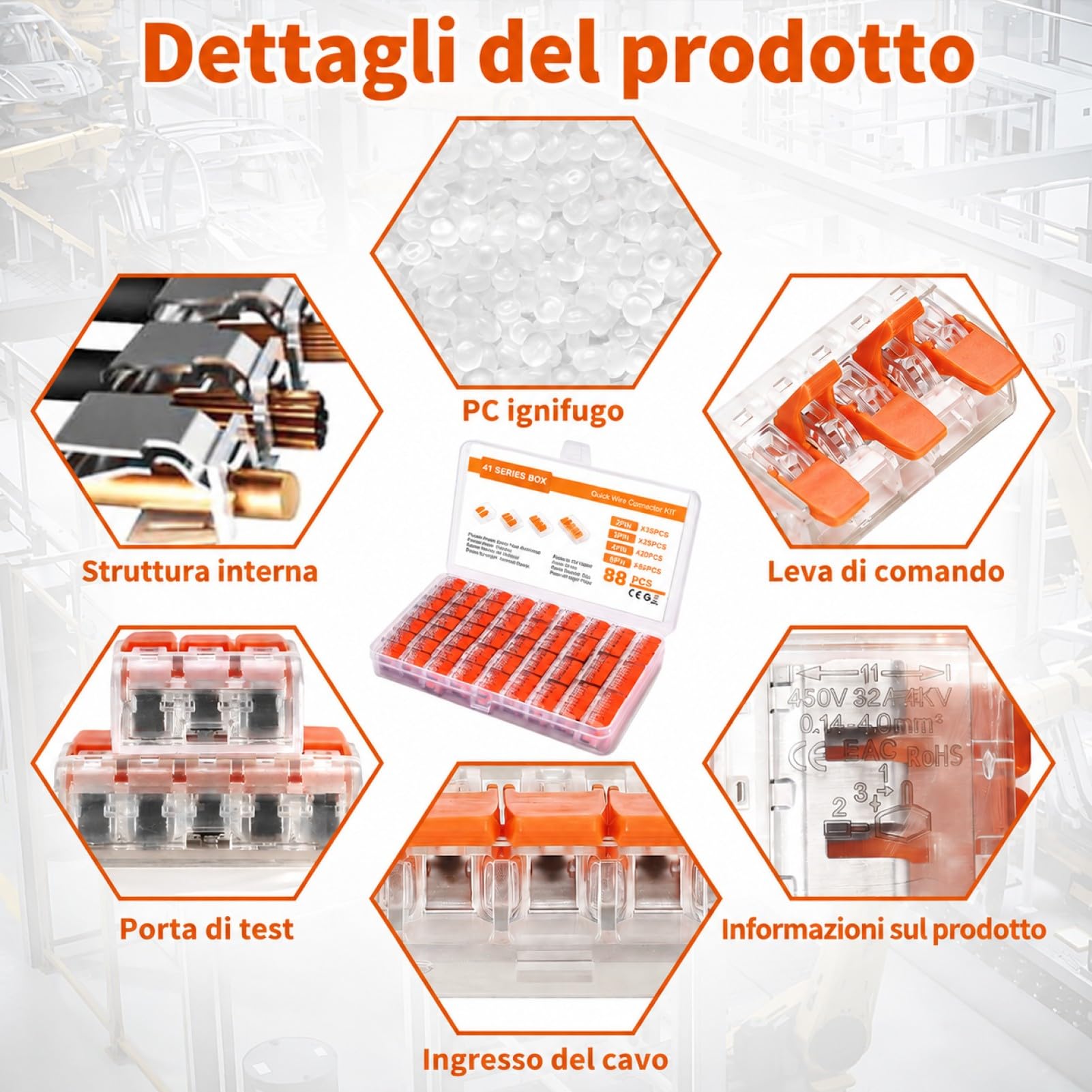 88 Morsetti per cavi elettrici, 2 Poli, 3 Poli, 4 Poli, 5 Poli, Morsetti elettrici con leva di azionamento, Morsetto di collegamento per cavi 0,14 – 4 mm², Morsetto per cavi fissi, 2 – 5 Conduttori