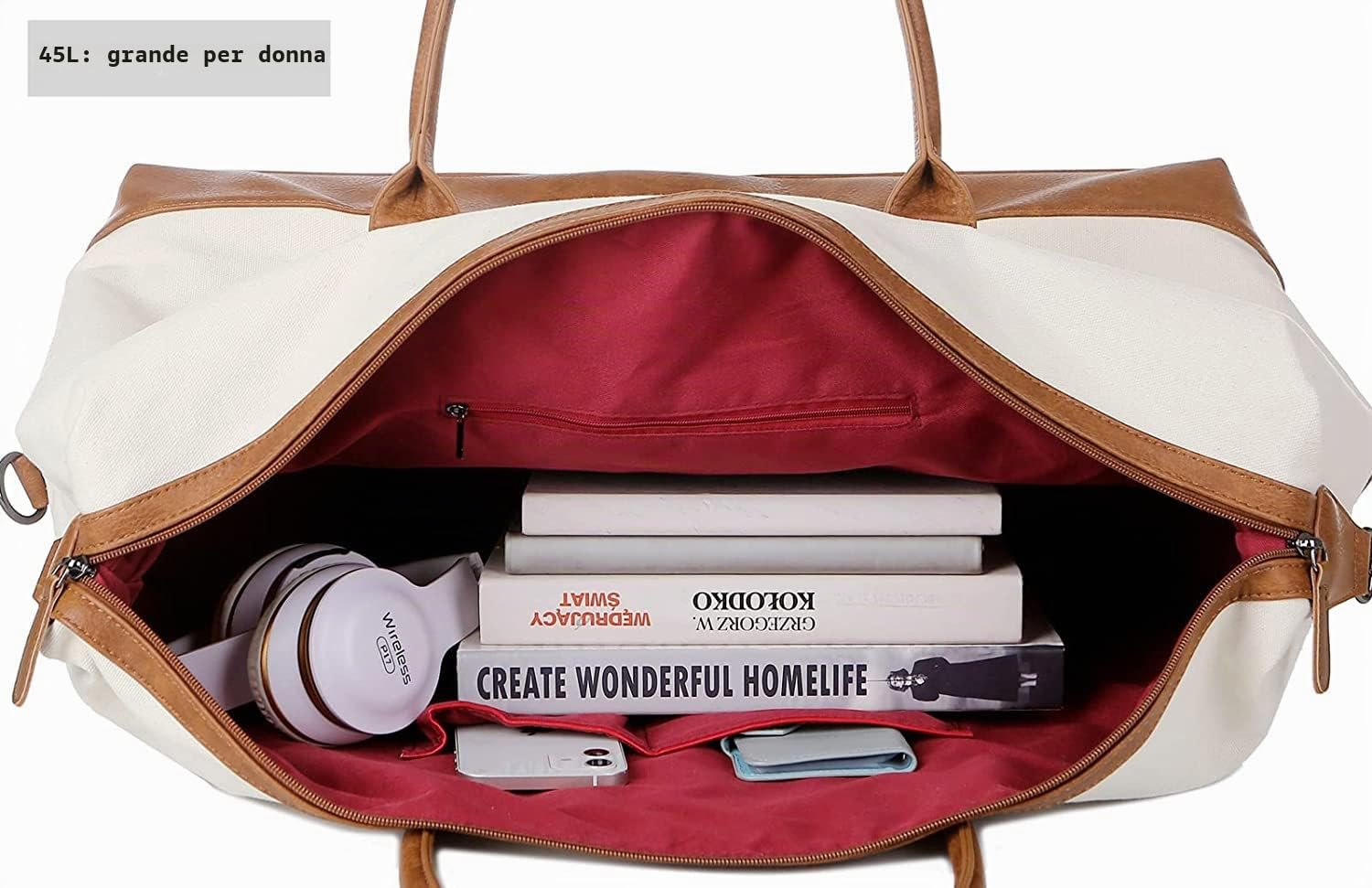 BAOSHABorsa da viaggio grande con beauty case HB-14, Beige/Bianco