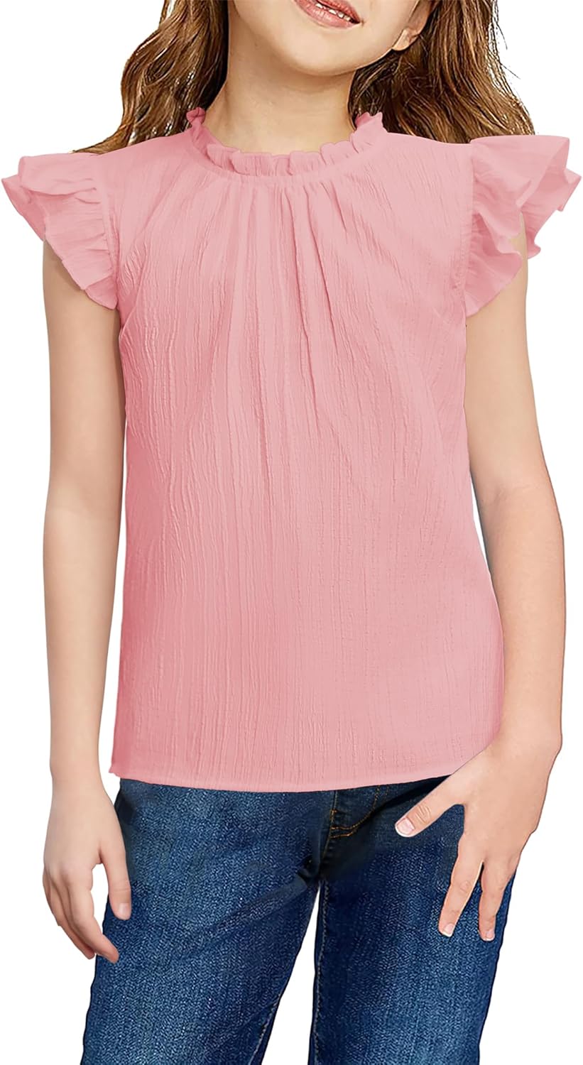 Arshiner Girls Ruffle Short Sleeve Shirts Cute Summer Frill Neck Pleated Textured Blouse Tops
