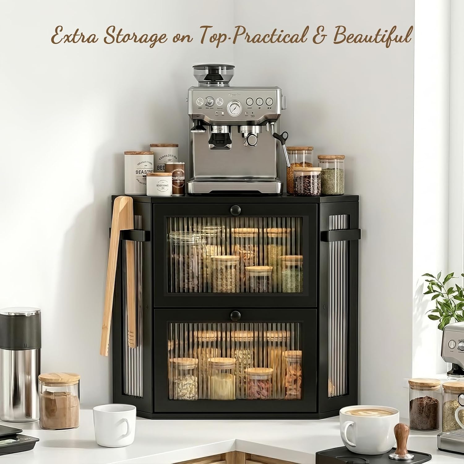 Black Corner Bread Box for Kitchen Countertop, Extra Large Bamboo Storage Breadbox with Bread Tong, 2 Tier Modern Bread Bin Container for Homemade Bread with Ribbed Acrylic Door Panel