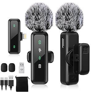 Wireless Lavalier Microphone for iPhone 5-14 Series, LED Display Mini Lav for iPhone with Noise Cancelling, Lapel Mic Wireless 2 pack for Content Creator Video Recording, Vlogging (Lightning Only)