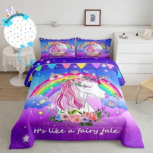 Miniatura 1 de Erosebridal Juego de ropa de cama reversible de unicornio arcoíris tamaño King, juego de edredón Kawaii para niños, lindo edredón de caballo de
