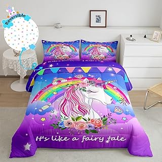 Erosebridal Reversible Rainbow Unicorn Bedding Set King Size,Kids Kawaii Comforter Set Cute Cartoon Horse Quilt Purple Blue Galaxy Duvet Insert Princess Rainbow Unicorn Room Decor for Girls Bedroom