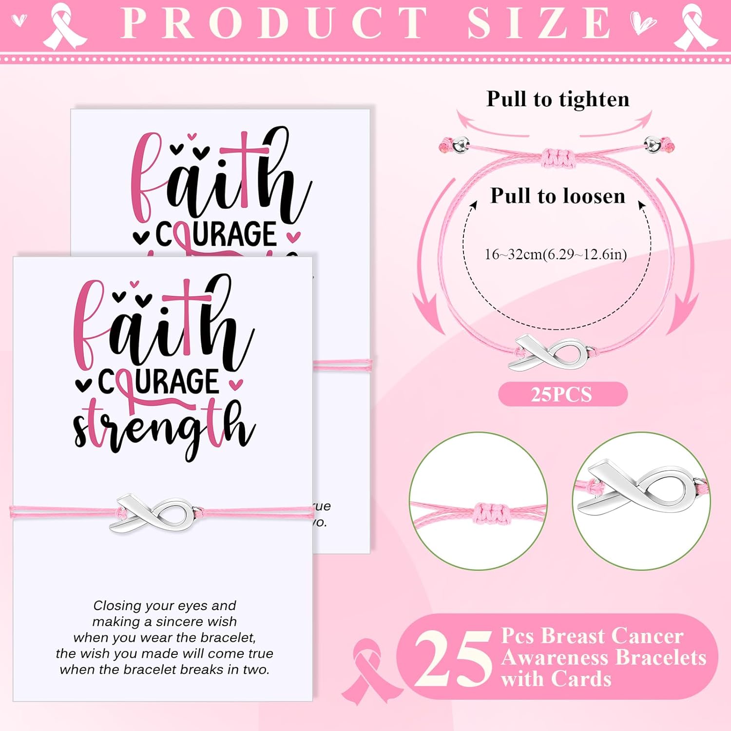 25/50 Pcs Breast Cancer Awareness Bracelet Gift for Woman Adjustable Pink Ribbon Bracelets Breast Cancer Survivor Gifts Jewelry - Image 2