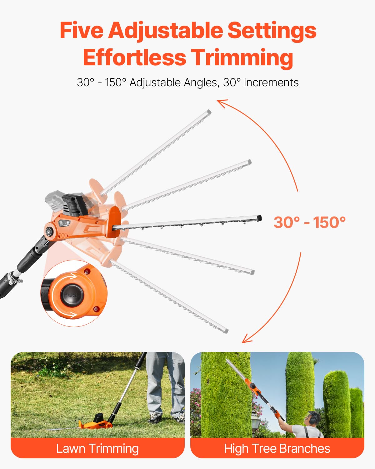 VEVOR Cortasetos Eléctrico, 1200 RPM Cortasetos de Pértiga Inalámbrico con Cuchilla de 510 mm, 5 Ángulos Ajustables, Batería de 20 V, Extensible de 1,9 m-2,4 m, para Ramas Altas para Jardinería
