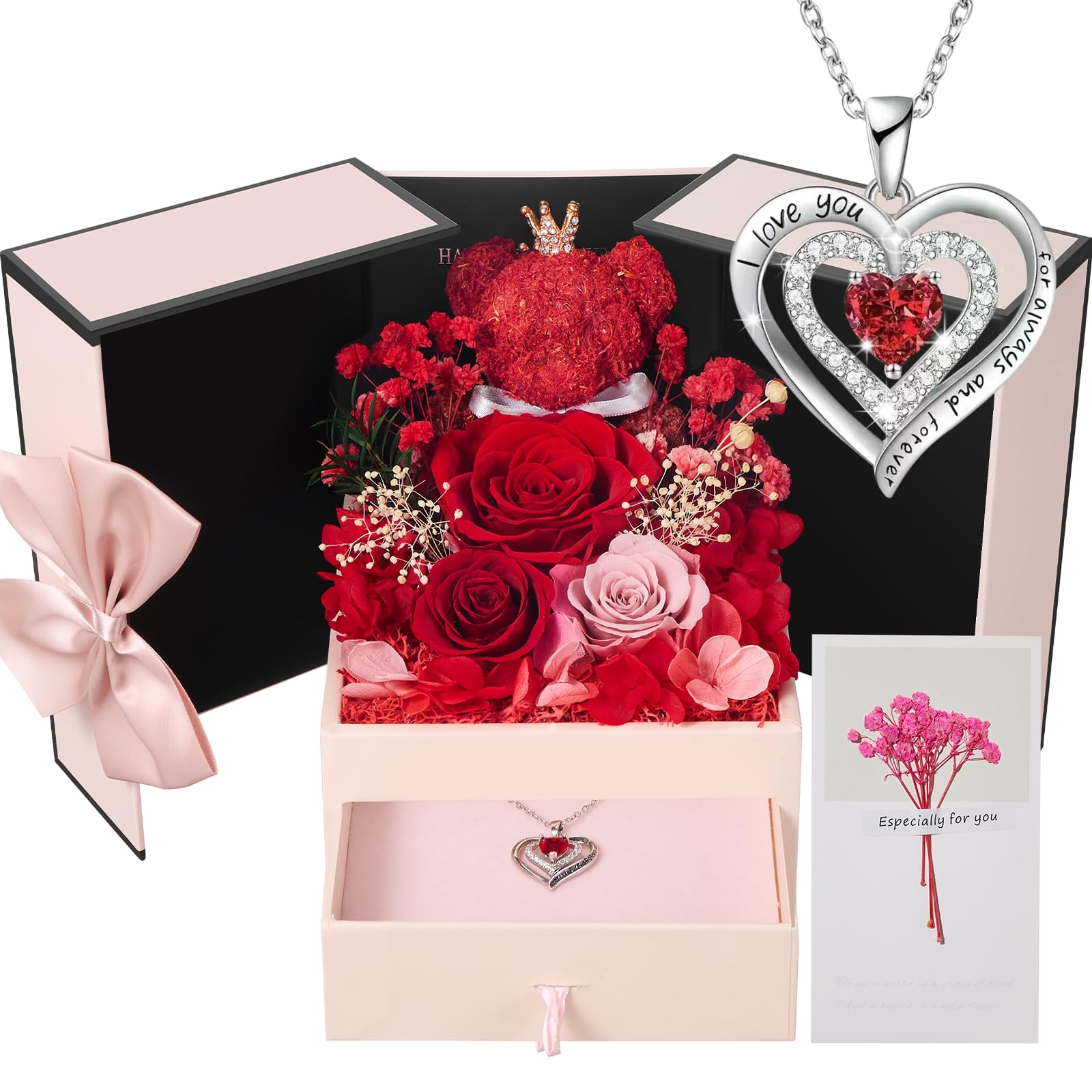 Rose Eternelle Cadeau pour Femme pour la Fête des Mères | Roses Uniques Conservées Fleurs avec Ours Rose et Collier Cadeaux pour Maman,Épouse,Grand-Mère | Anniversaire,Fête des Mères,Anniversaire