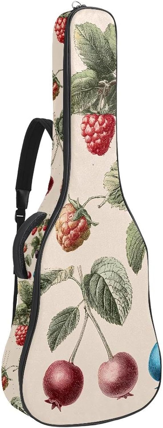 Vintage Botanical Fruits and Berries Pattern Acoustic Guitar Gig Bag, 1 cm Thick Padding Waterproof Guitar Bag Backpack for 40 41 42 Inch Electric Bass Classical Guitars