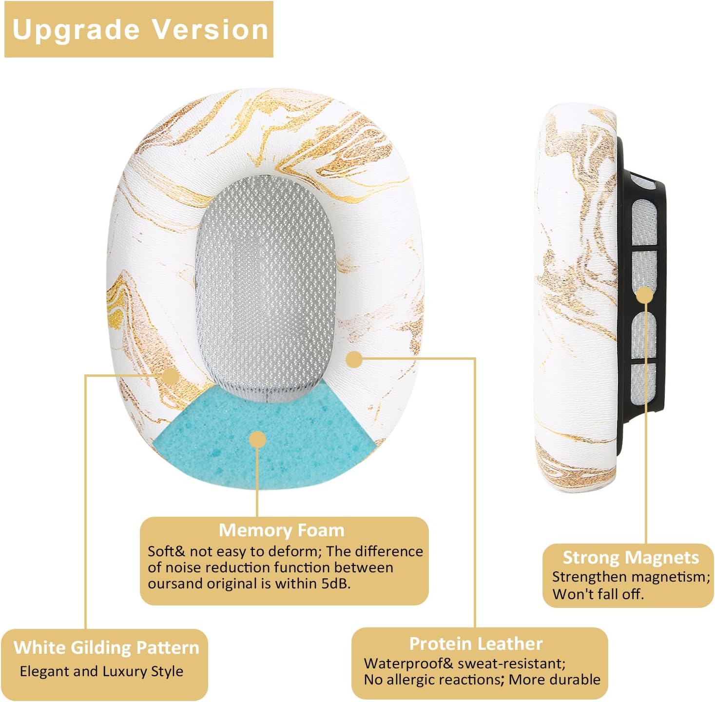 Ear Cushion Pads for AirPods Max Earpads Replacement with Protein Leather, Memory Foam and Magnet, Gorgeous and Luxury Style with White Gilding Pattern