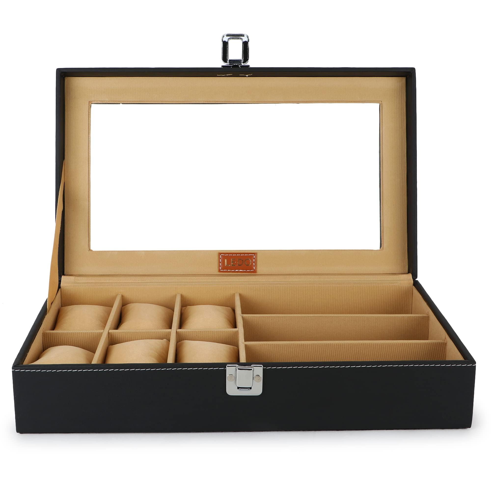 LEDO Watch Case Box and Sunglass Box Holder in PU Leather with 6 Slots for Watches and 3 Slots for Sunglasses Balck & Cream color (B0BZJ9QK16) Amazon Price History, Amazon Price Tracker