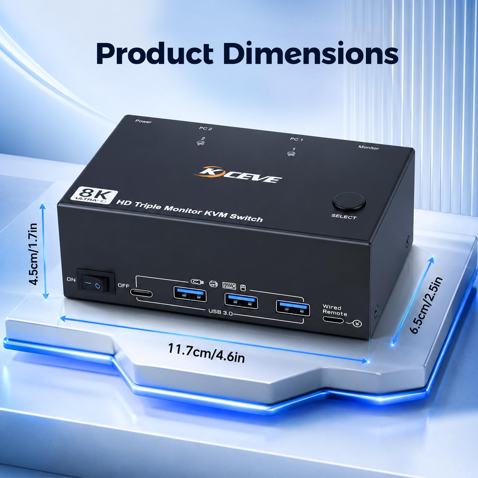 KVM Switch 2 PC 3 Moniteur 8K60Hz, Commutateur KVM 3 HDMI avec Contrôleur de Bureau, USB 3.0 pour Deux Ordinateurs, Prend en Charge Mode Étendu et Mode Dupliqué, Adaptateur 12V Inclus
