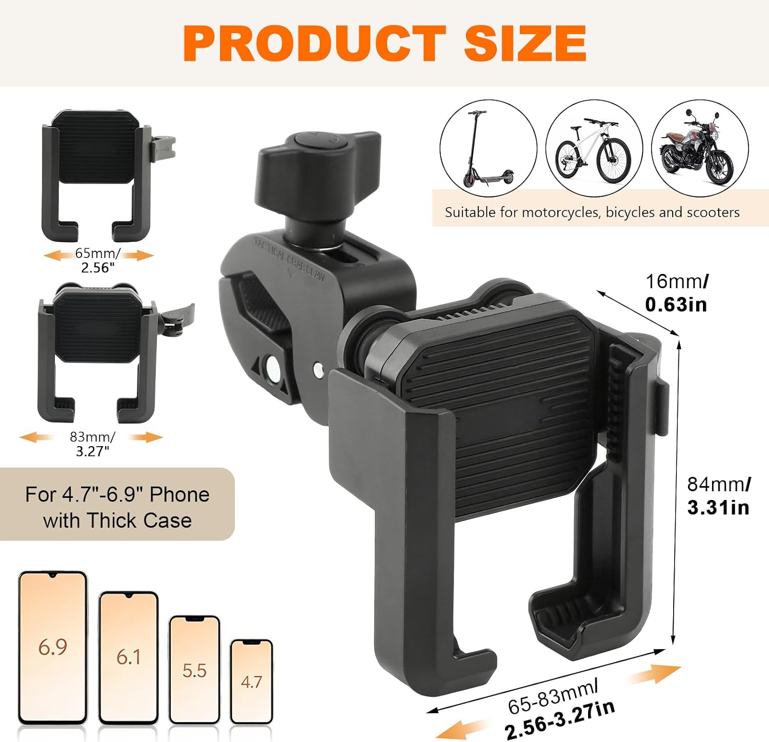 Black Bike and Motorcycle Phone Mount, Anti-Vibration Shockproof Handlebar Phone Holder with Secure Lock, 360 Rotation for iPhone, Android, E-Bike and Scooter