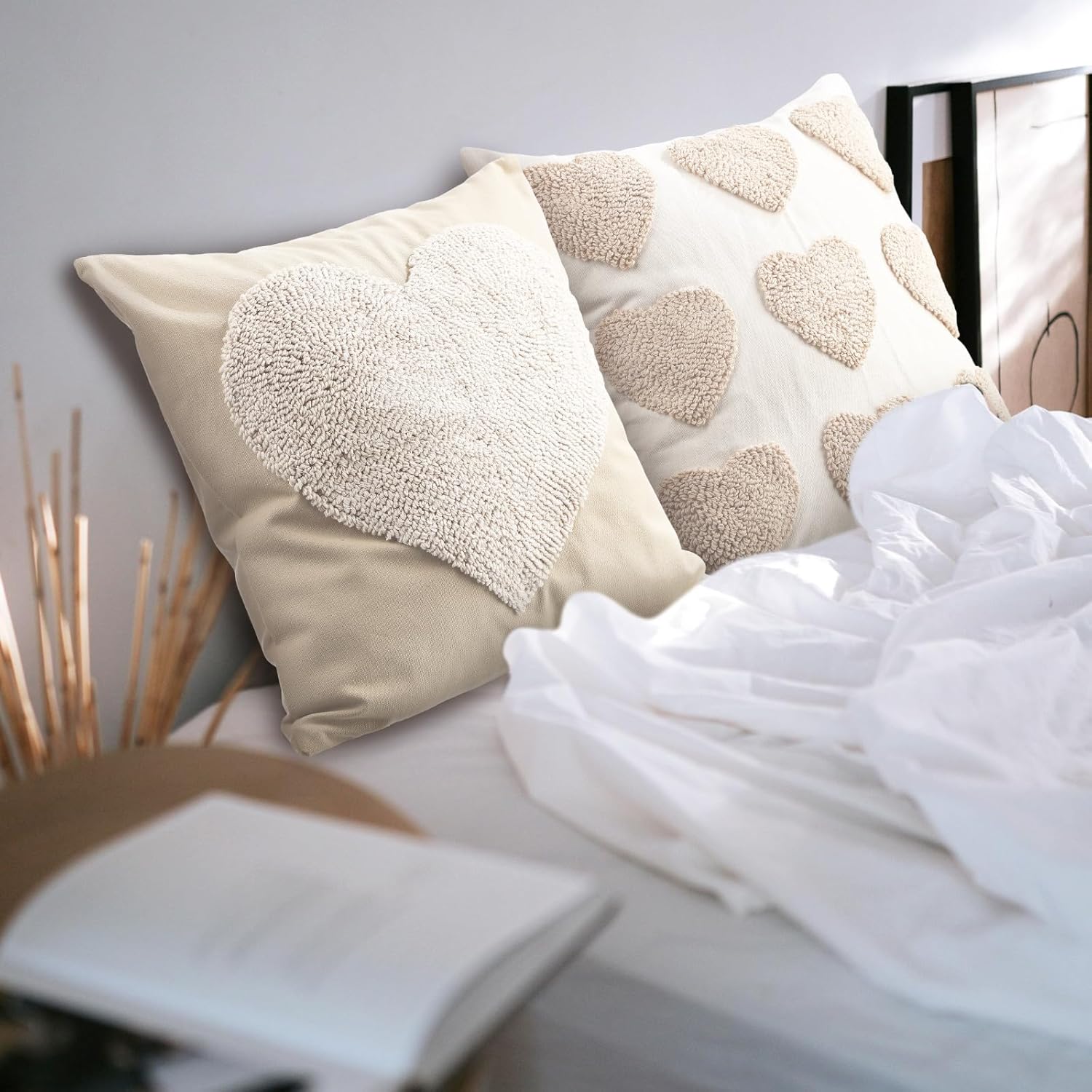 CroBlissful 2 Pcs Heart Throw Pillow Covers Neutral Love Pillow Covers Decorative Mother Day Embroidery Cushion Case Rustic Farmhouse Boho Gift Home Decor for Couch Sofa, 18 x 18 Inches