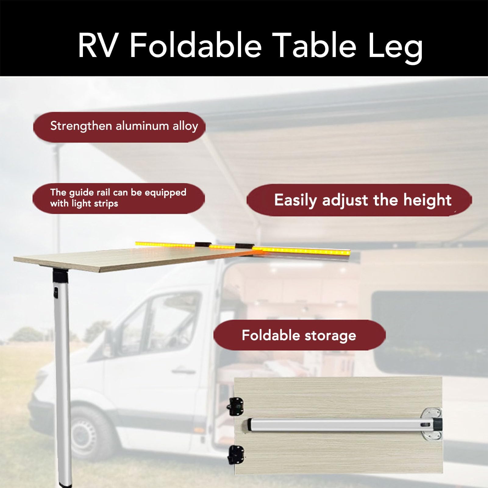 Pata de Mesa Plegable RV con Riel Deslizante para RV Caravan Motorhome Yachts Travel Camping, Soporte de Escritorio de Aleación de Aluminio Grueso Ajustable, Portátil y Fácil de