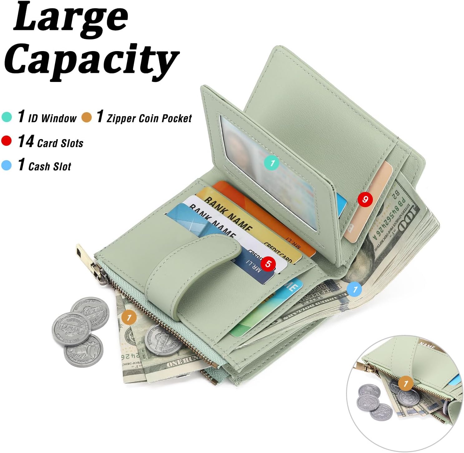 GAEKEAO Small Wallet for Women, Bifold Leather RFID Blocking Ladies Compact Card Holder with Zipper Pocket & ID Window - Image 5