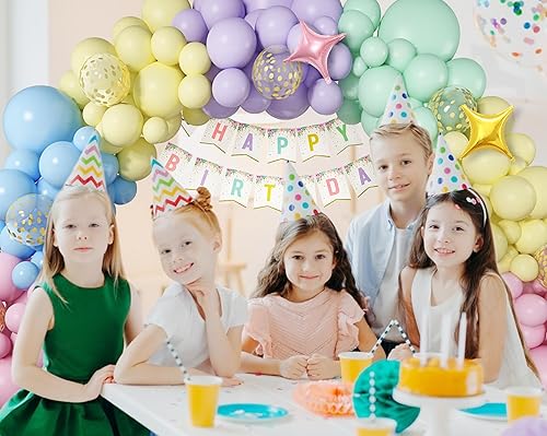 Miniatura 4 de Kit de guirnalda de arco de globos de unicornio, 146 globos arcoíris de 40 pulgadas, globos de confeti rosa pastel, morado, azul, pancarta de feliz