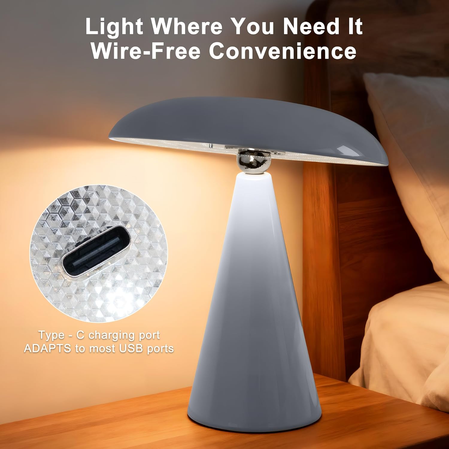 Mushroom Lamp Mid Century Modern Table Lamp, LED Cordless Rechargeable Bedside Light, Dimmable Touch 3-Color Temp, Retro Small Lamp for Bedroom, Living Room，Aesthetic Decor(Gray)