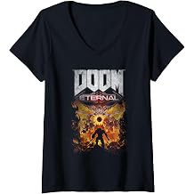 Women's Doom Eternal Gold Cover Art Scene Distressed Video Game V-Neck T-Shirt