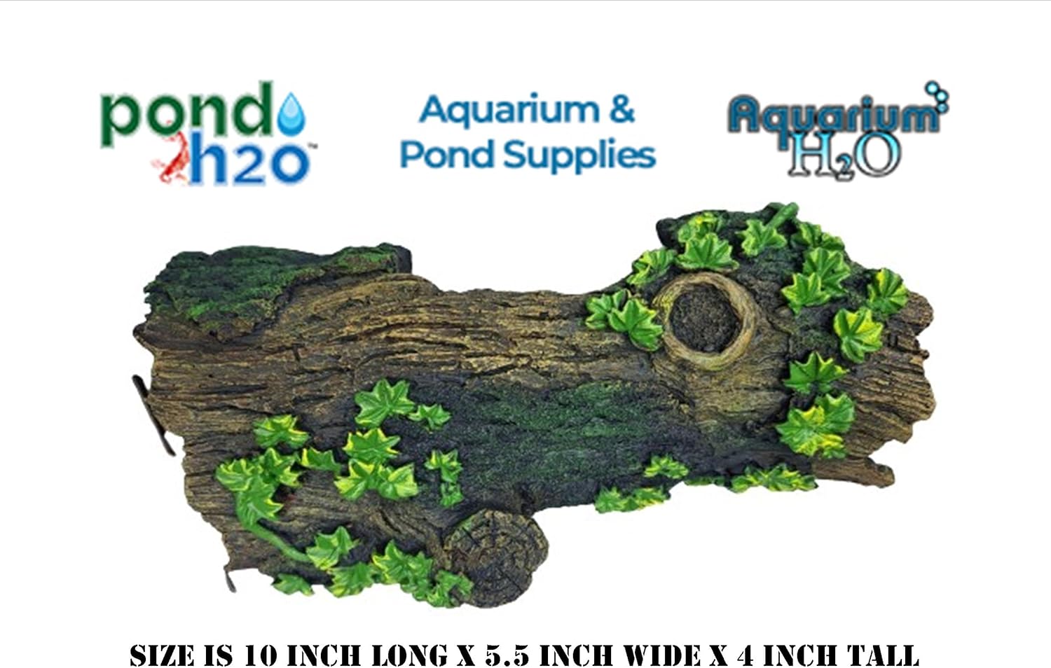 AquariumH2o Large Hollow Log with Plants Aquarium Pond Ornament Artificial Resin Tree Bark Hide or Cave for Fish Tank, 10 Inches Long Reptiles or Turtle Tank Ornament Safe for Aquatic Habitats, Brown