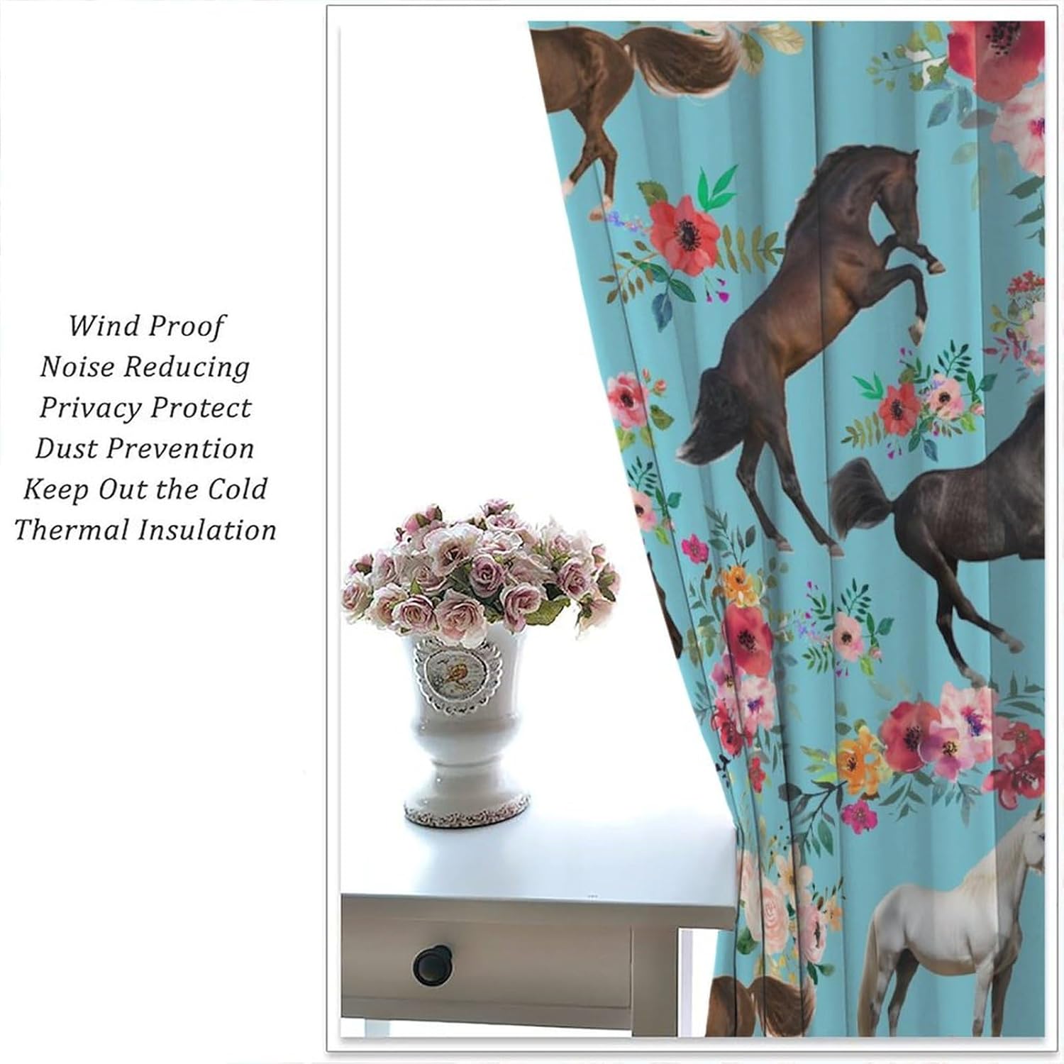 Girls Horse Blackout Curtains Watercolor Pink Flower Galloping Horse Curtains Farm Animal Horse Gifts Window Treatments for Cowgirls Boys Teens Bedroom LivingRoom Kitchen Drapes 42x63 Inch
