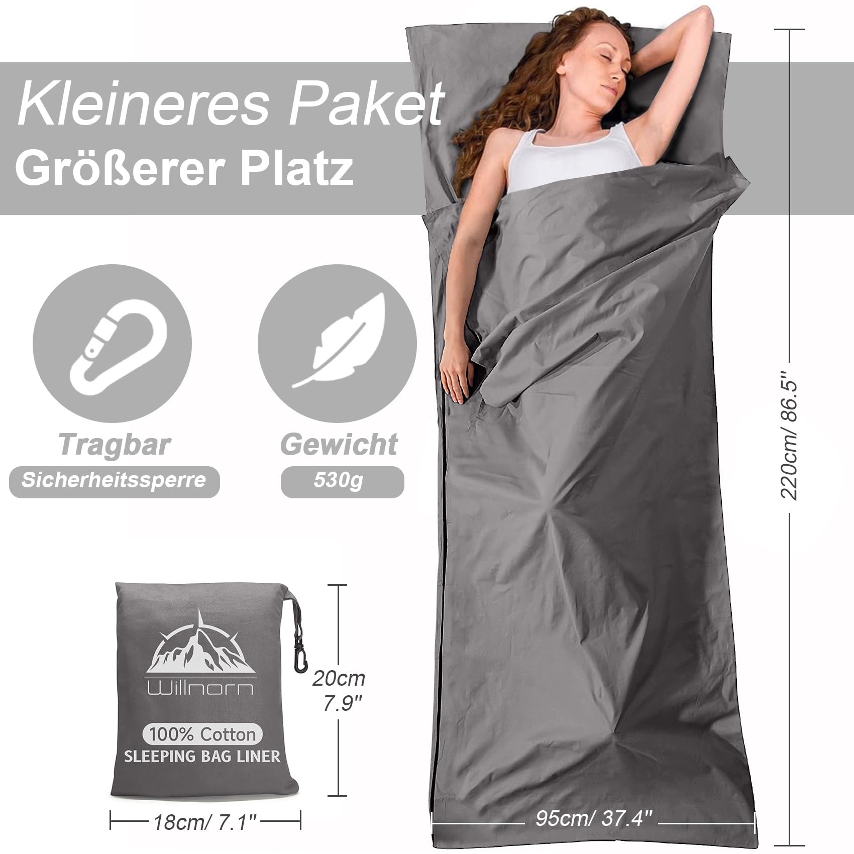 Sac à Viande 100% Coton – Draps de Sac de Couchage et Compact XL 220 x 95 cm – Respirant, Idéal pour Randonnée, Auberges et Camping