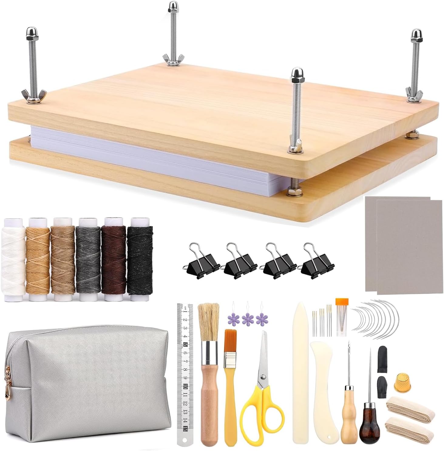 PIRXXIY 49 Pcs Book Binding Kits Wooden Book Press Materials Bookbinding Supplies for DIY Awl Waxed Thread Bone Folder