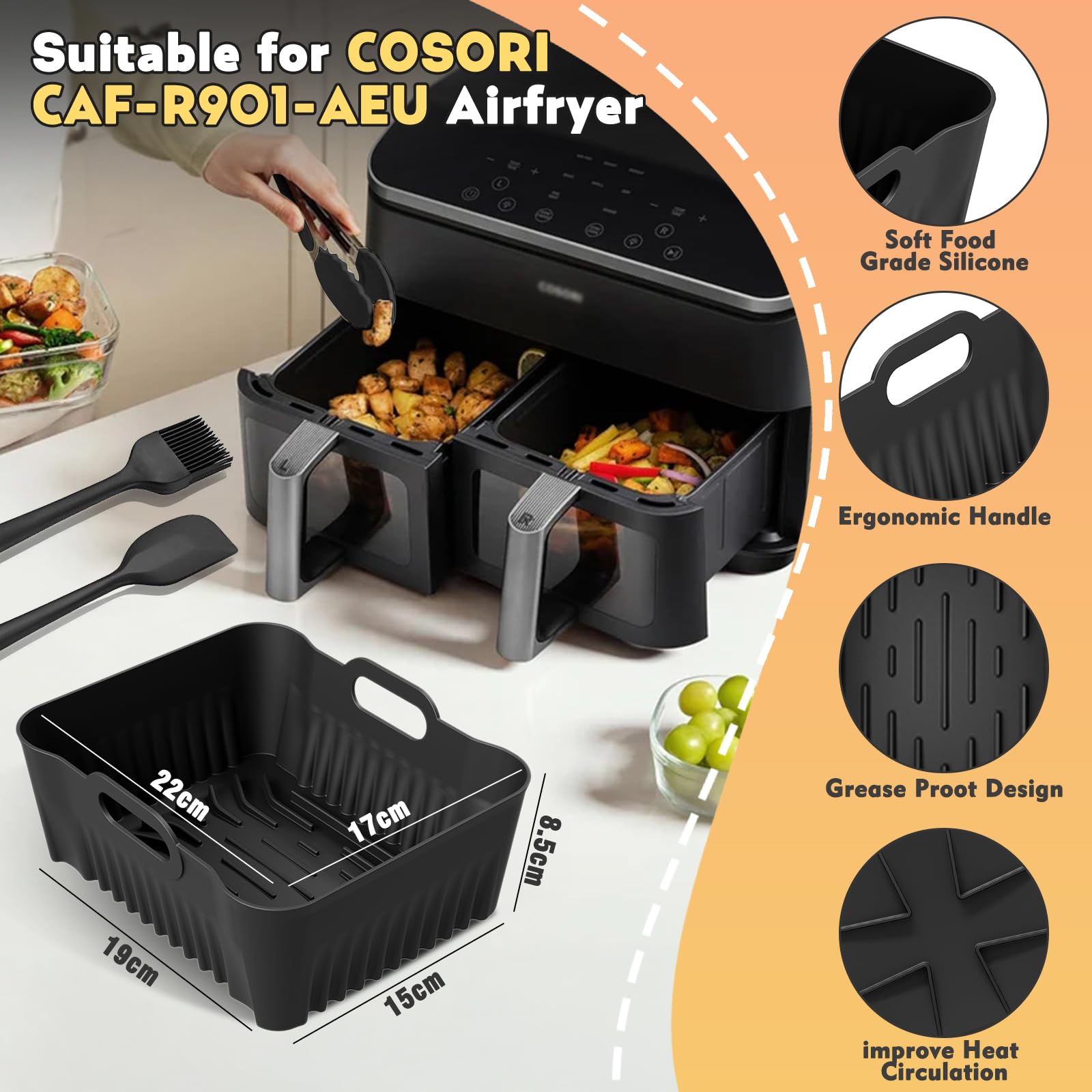COSORI Heißluftfritteuse Silikon-Einsätze – 2er Set Für 8,5L Dual Zone (CAF-R901-AEU), Spülmaschinenfest, BPA-frei