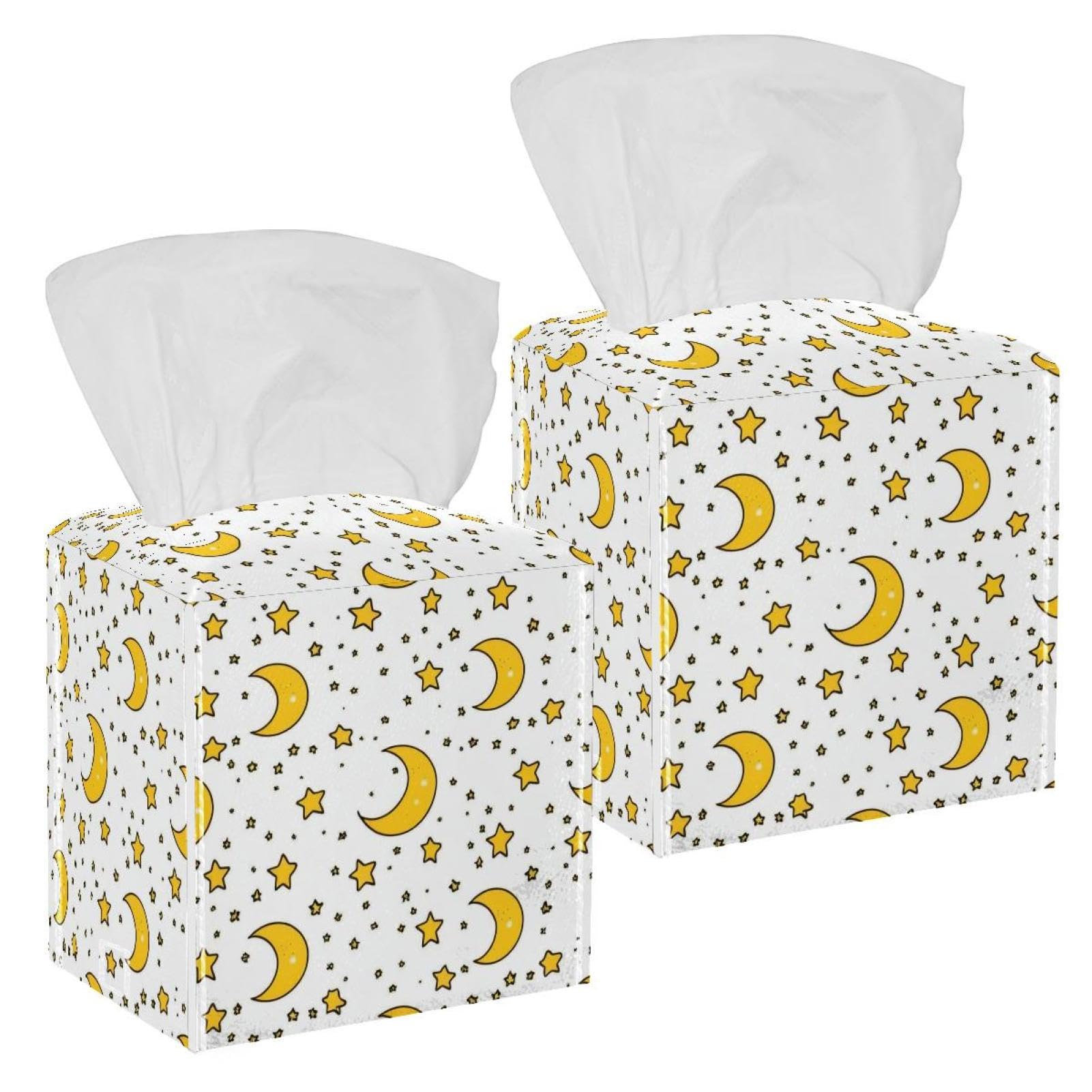Stars and Moon Tissue Box Cover, 2 Pack PU Leather Square Facial Tissue Dispenser Box holder for Home Office Car