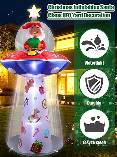 Miniatura 6 de Kalolary Inflables de Navidad de 8 pies para decoración al aire libre, OVNI inflable con Papá Noel, decoración de patio, luces LED integradas para