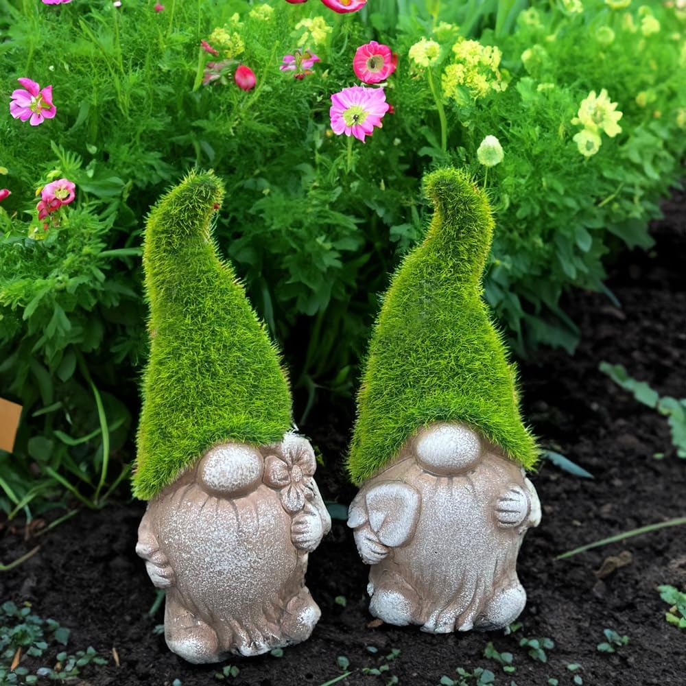 Zestaw 12 krasnali ogrodowych z trawy flokowanej, 18 cm, ceramiczne ozdoby zewnętrzne z zielonymi flokowanymi czapkami i pikami, urocze dekoracyjne posągi z efektem kamienia do ogrodu, na patio